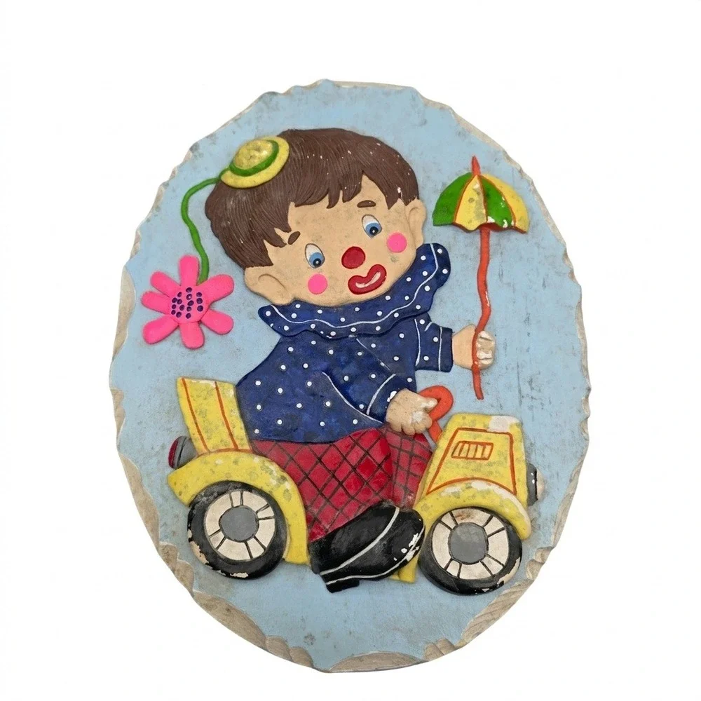 Vintage Chalkware Clown Wall Plaque Boy on Scooter Umbrella Flower‎ 3D Art 11